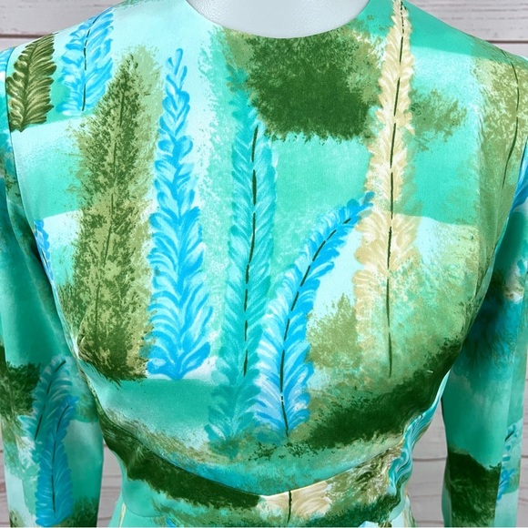 Rare Vintage Mid Century Impressionist Feather Forest Tree Long Sleeve Dress - Picture 6 of 10